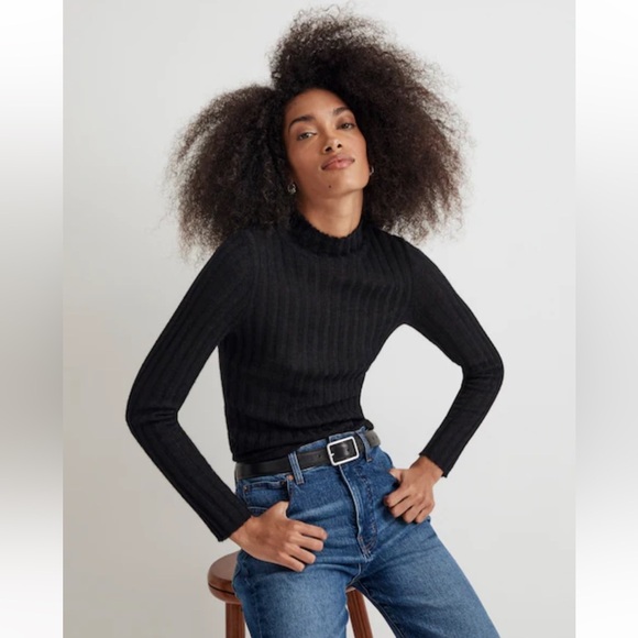 Madewell Alpaca-Blend Mockneck Sweater Black Soft Semi-Sheer Ribbed - Picture 1 of 6